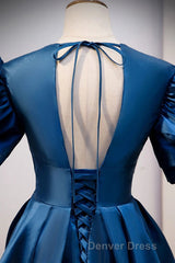 Blue V Neck Satin Short Sleeves Long Prom Dresses Blue Satin Evening Dresses