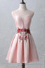 Knee Length Open Back Pink Satin Homecoming Dresses With Appliques