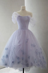 Lavender Off The Shoulder Tulle Homecoming Dress, Hi Lo Dress With Flowers