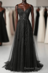 Black Sweetheart Tulle With Lace Long A-Line Prom Dresses, Black Formal Dresses