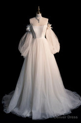 Champagne Tulle Long Sleeve Prom Dress, Off the Shoulder Evening Dress