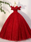 Red Tulle Long A Line Ball Gowns, Red Off Shoulder Prom Dresses