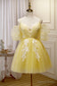 Yellow Lace Short Prom Dress, Off the Shoulder Homecoming Dresses