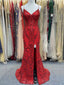 Spaghetti Straps Mermaid Sequins Prom Dresses With Slit