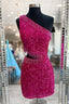 Fuchsia One Shoulder Sequins Lace Up Sheath Homecoming Dresses with Tassels