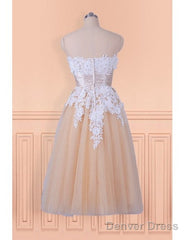 Lace Appliques Champagne Strapless Tea Length Wedding Dress