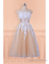 Lace Appliques Champagne Strapless Tea Length Wedding Dress
