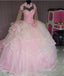 Lace Appliques High Neck Long Sleeves Ball Gown Wedding Dresses Pink