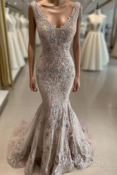 Lace Beaded Sexy African Dubai Evening Dresses Mermaid Backless Prom Dresses Deep V-Neck Formal Party Bridesmaid Pageant Gowns