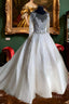 Lace Beaded Vintage Wedding Dress Long Sleeves Sheer Neck Bridal Dress Crystals Wedding Gown Prom Dresses
