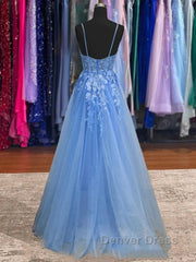 Lace Blue Prom Dresses V Neck Long Formal Dresses Open Back