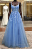 Lace Blue Prom Dresses V Neck Long Formal Dresses Open Back