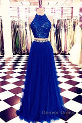 Lace Crop Top Tulle Prom Dresses Two Piece Evening Gowns Beaded Sashes