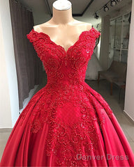 Lace Embroidery Beaded V-Neck Satin Ball Gown Prom Dress