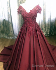 Lace Flowers Beaded Cap Sleeves Satin Prom Dresses Ball Gown