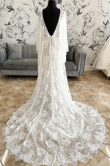 Lace Plunge V Mermaid Long Wedding Dresses With Bell Sleeves