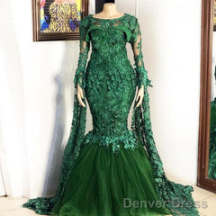 Lace Prom Dresses, Mermaid Prom Dresses, Long Sleeve Prom Dresses, Green Prom Dresses