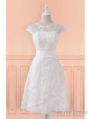 Lace Short Belt Cap Sleeve Wedding Reception Dress For Mature Brides