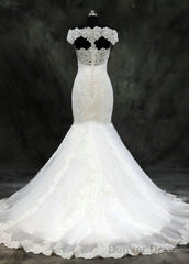 Lace Trumpet/Mermaid Sweep Train Off-The-Shoulder Wedding Dresses