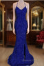 Lace Up High Slit Royal Blue Glitters Long Prom Dresses