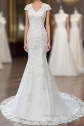 Lace V-Neck Cap Sleeve Trumpet Wedding Dresses