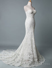 Lace Wedding Dress Mermaid Sweetheart Strapless Sleeveless Floor Length With Train Bridal Dresses