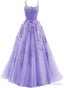 Lavender A Line Tulle with Lace Long Prom Dress, Straps Lavender Prom Dresses