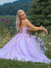 Lavender Applique Tulle Long Prom Dresses, Purple Lace Graduation Dresses Formal Gown