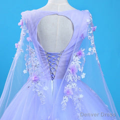 Lavender Flowers Round Neckline Party Dress, Sweet 16 Gown