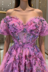 Lavender & Fuchsia Off-the-Shoulder Ruffles Homecoming Dresses
