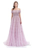 Lavender Lace Off the Shoulder Beaded Sequins Sweep Train A Line Prom Dresses