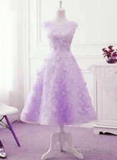 Lavender Lace Tea Length Wedding Party Dress, Vintage Style Homecoming Dress