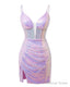 Lavender Lace Up Plunging V Neck Sequins Sheath Homecoming Dress With Split Front Short Prom Dresses