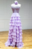 Lavender Long Tiered Prom Dresses Ruffle High Neck With 3D Flower