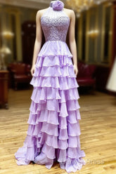 Lavender Long Tiered Violet Prom Dresses Ruffle High Neck With 3D Flower