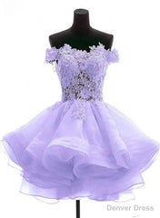 Lavender Off Shoulder Lace Sweetheart Homecoming Dresses, Light Purple Party Dress