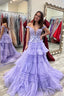 Lavender Off Shoulder Tiered Prom Dresses with Lace