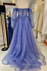 Lavender Off-The-Shoulder Sequins Applique Boning Long Prom Dresses