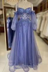 Lavender Off-The-Shoulder Sequins Applique Boning Long Prom Dresses