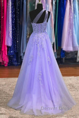 Lavender One Shoulder Appliques Lace Prom Dresses
