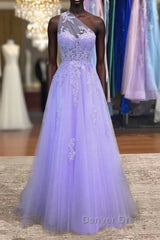 Lavender One Shoulder Appliques Lace Prom Dresses