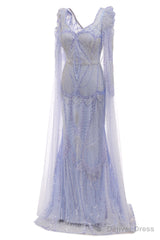 Lavender Prom Dresses Mermaid Heavily Beading Tulle Women Luxury Evening Dresses With Long Sleeves