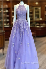 Lavender Prom Dresses, Princess Halter Long/Floor-Length Lace Tulle Prom Dresses With Appliqued Beading
