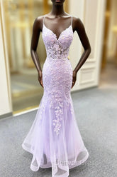 Lavender Spaghetti Straps Mermaid Prom Dresses With Appliques