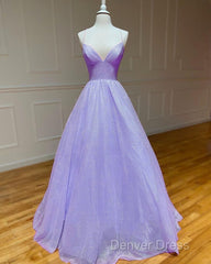 Lavender Sparkly Prom Dresses V Neck Ball Gown