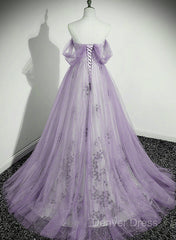 Lavender Tulle A-Line Beaded Off Shoulder Party Dresses, Lavender Long Formal Dresses