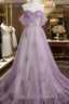 Lavender Tulle A-Line Beaded Off Shoulder Party Dresses, Lavender Long Formal Dresses