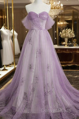 Lavender Tulle A-Line Beaded Off Shoulder Party Dresses, Lavender Long Formal Dresses