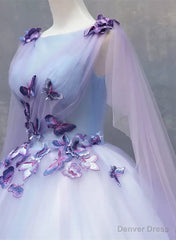 Lavender Tulle Long Formal Dress with Butterflies拢卢Lavender Sweet 16 Dress