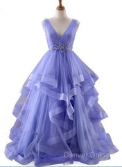 Lavender Tulle V-Neckline Layers Long Sweet 16 Dresses, Light Purple Prom Dresses Party Dresses